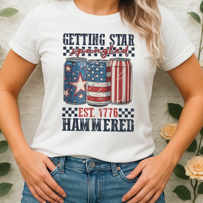 Funny Beer Getting Star Spangled Hammered 4th Of July Preppy Womens T-Shirt