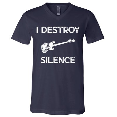 Funny Bass Guitar I Destroy Silence V-Neck T-Shirt