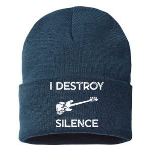 Funny Bass Guitar I Destroy Silence Sustainable Knit Beanie