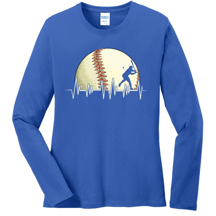 Funny Baseball Heartbeat Vintage Baseball Player Hitter Cute Gift Ladies Long Sleeve Shirt