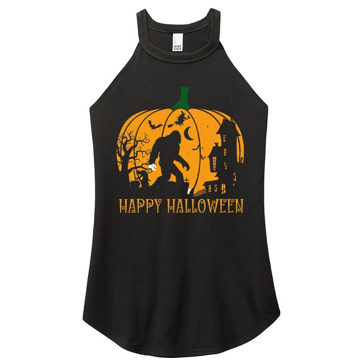 Funny Bigfoot Halloween Night Stroll With Pumpkin Women's Perfect Tri Rocker Tank
