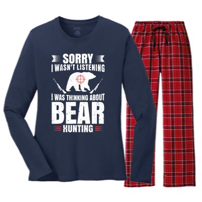 Funny Bear Hunting Lover Fan Hunter Hobby Gun Wildlife Gift Women's Long Sleeve Flannel Pajama Set 