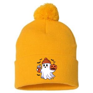 Funny Booey Halloween Ghost Whimsical Spooky Season Pom Pom 12in Knit Beanie