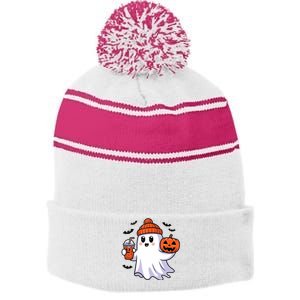 Funny Booey Halloween Ghost Whimsical Spooky Season Stripe Pom Pom Beanie