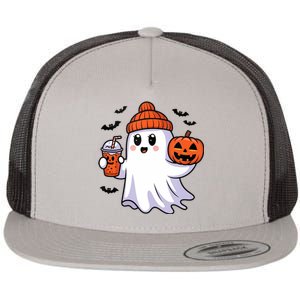 Funny Booey Halloween Ghost Whimsical Spooky Season Flat Bill Trucker Hat