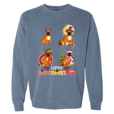 French Bulldog Halloween Thanksgiving Xmas Hallothanksmas Great Gift Garment-Dyed Sweatshirt