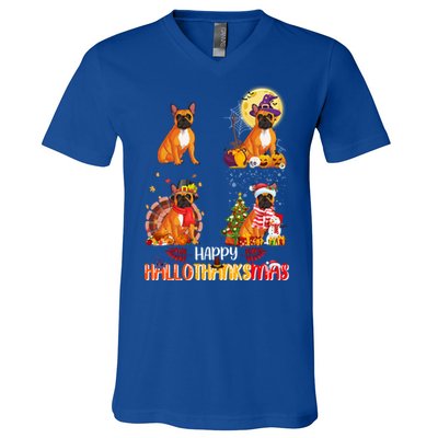 French Bulldog Halloween Thanksgiving Xmas Hallothanksmas Great Gift V-Neck T-Shirt