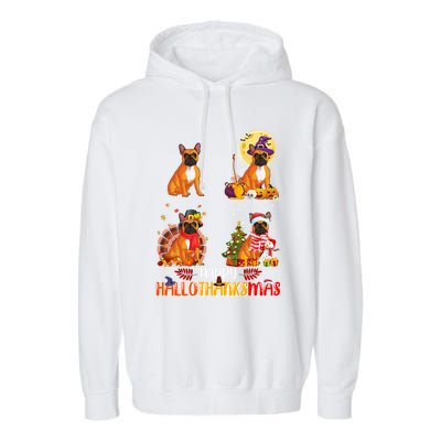 French Bulldog Halloween Thanksgiving Xmas Hallothanksmas Great Gift Garment-Dyed Fleece Hoodie