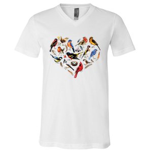 Forest Bird Heart Watching Cardinal Goldfinch Wren Chickadee V-Neck T-Shirt