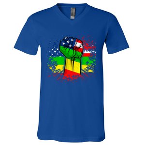 Fist Black History Month Juneteenth American Flag Great Gift V-Neck T-Shirt