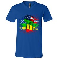 Fist Black History Month Juneteenth American Flag Great Gift V-Neck T-Shirt