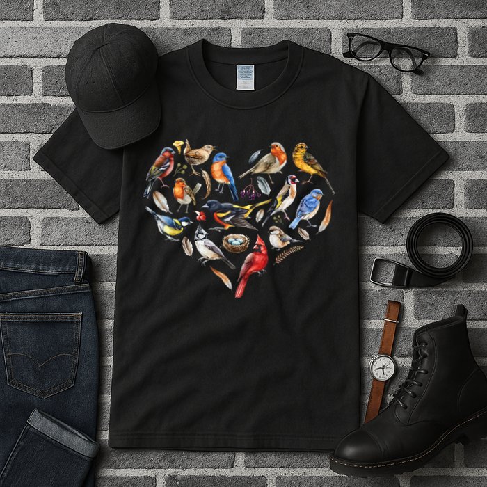 Forest Bird Heart Watching Cardinal Goldfinch Wren Chickadee Tall T-Shirt