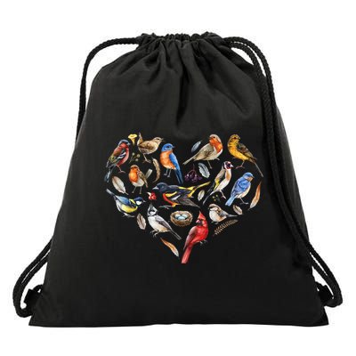Forest Bird Heart Watching Cardinal Goldfinch Wren Chickadee Drawstring Bag