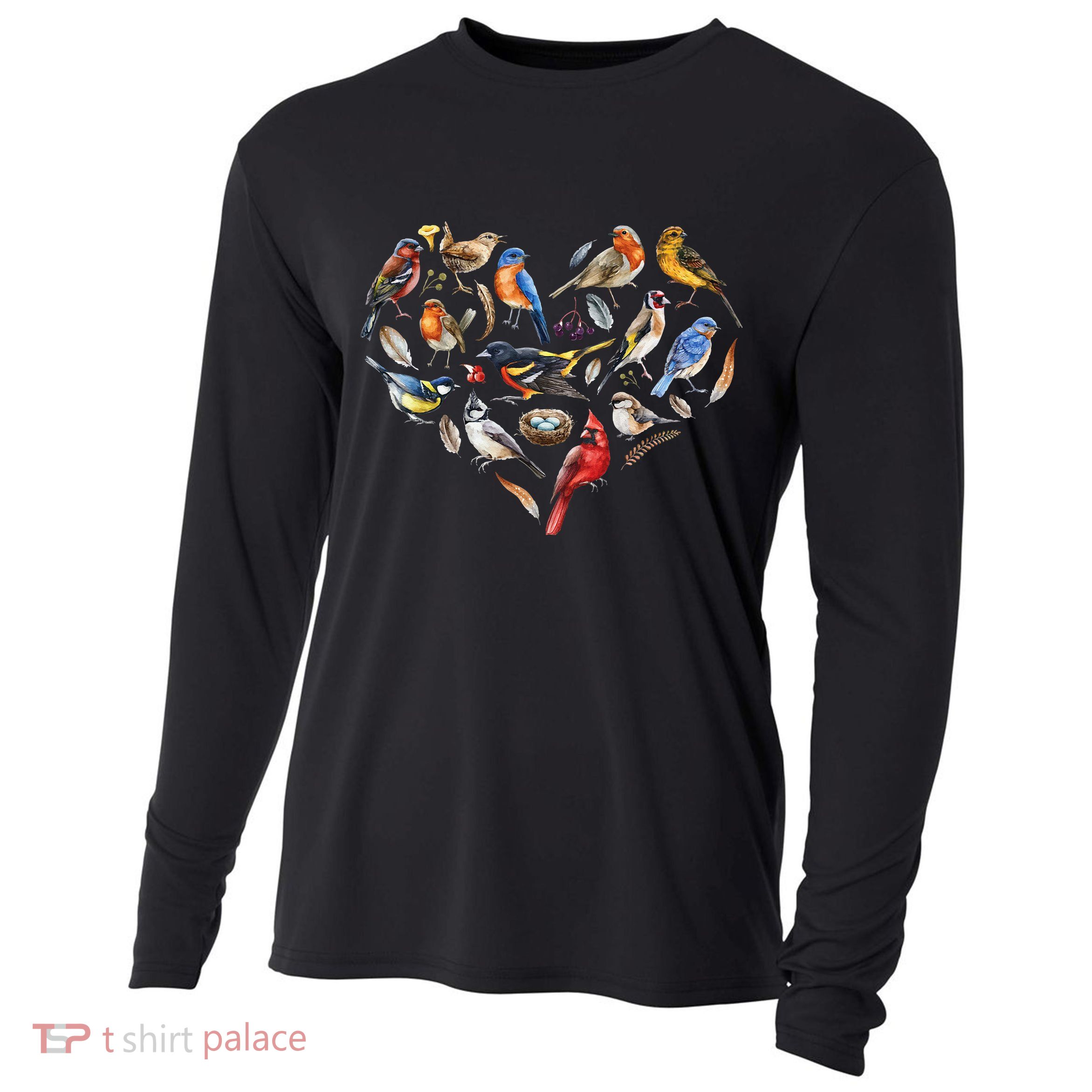 Forest Bird Heart Watching Cardinal Goldfinch Wren Chickadee Cooling Performance Long Sleeve Crew