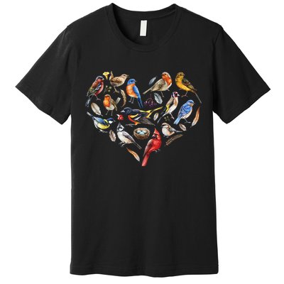 Forest Bird Heart Watching Cardinal Goldfinch Wren Chickadee Premium T-Shirt