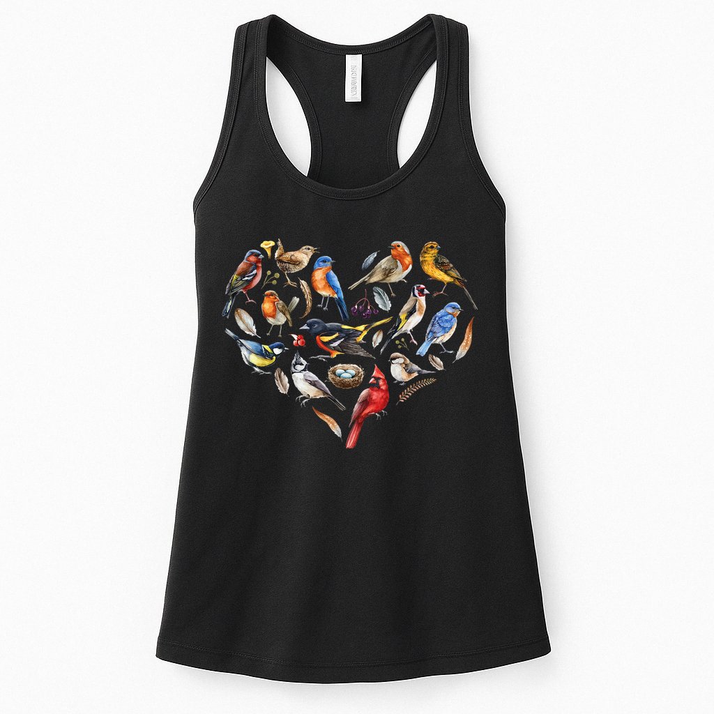 Forest Bird Heart Watching Cardinal Goldfinch Wren Chickadee Womens Tank Top