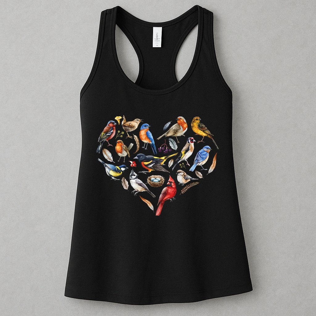 Forest Bird Heart Watching Cardinal Goldfinch Wren Chickadee Womens Tank Top