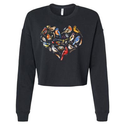 Forest Bird Heart Watching Cardinal Goldfinch Wren Chickadee Cropped Pullover Crew