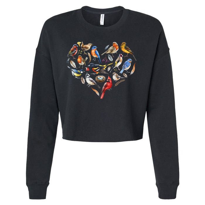 Forest Bird Heart Watching Cardinal Goldfinch Wren Chickadee Cropped Pullover Crew