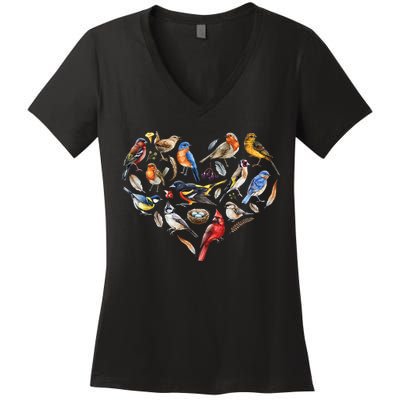 Forest Bird Heart Watching Cardinal Goldfinch Wren Chickadee Women's V-Neck T-Shirt