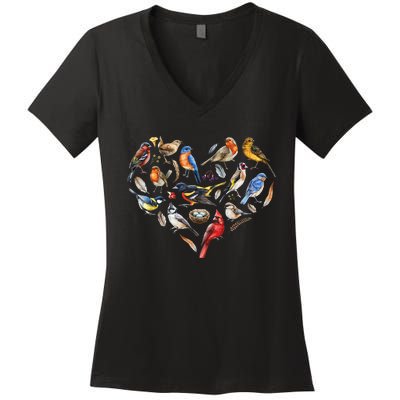 Forest Bird Heart Watching Cardinal Goldfinch Wren Chickadee Women's V-Neck T-Shirt