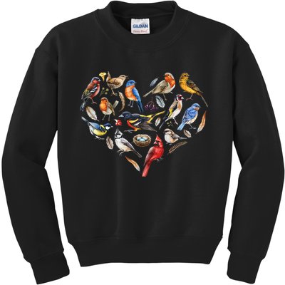 Forest Bird Heart Watching Cardinal Goldfinch Wren Chickadee Kids Sweatshirt