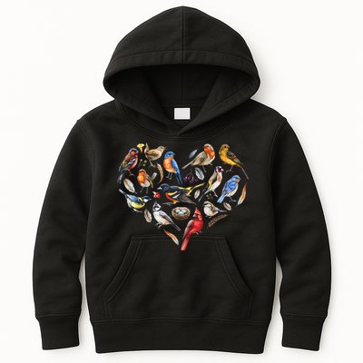 Forest Bird Heart Watching Cardinal Goldfinch Wren Chickadee Kids Hoodie