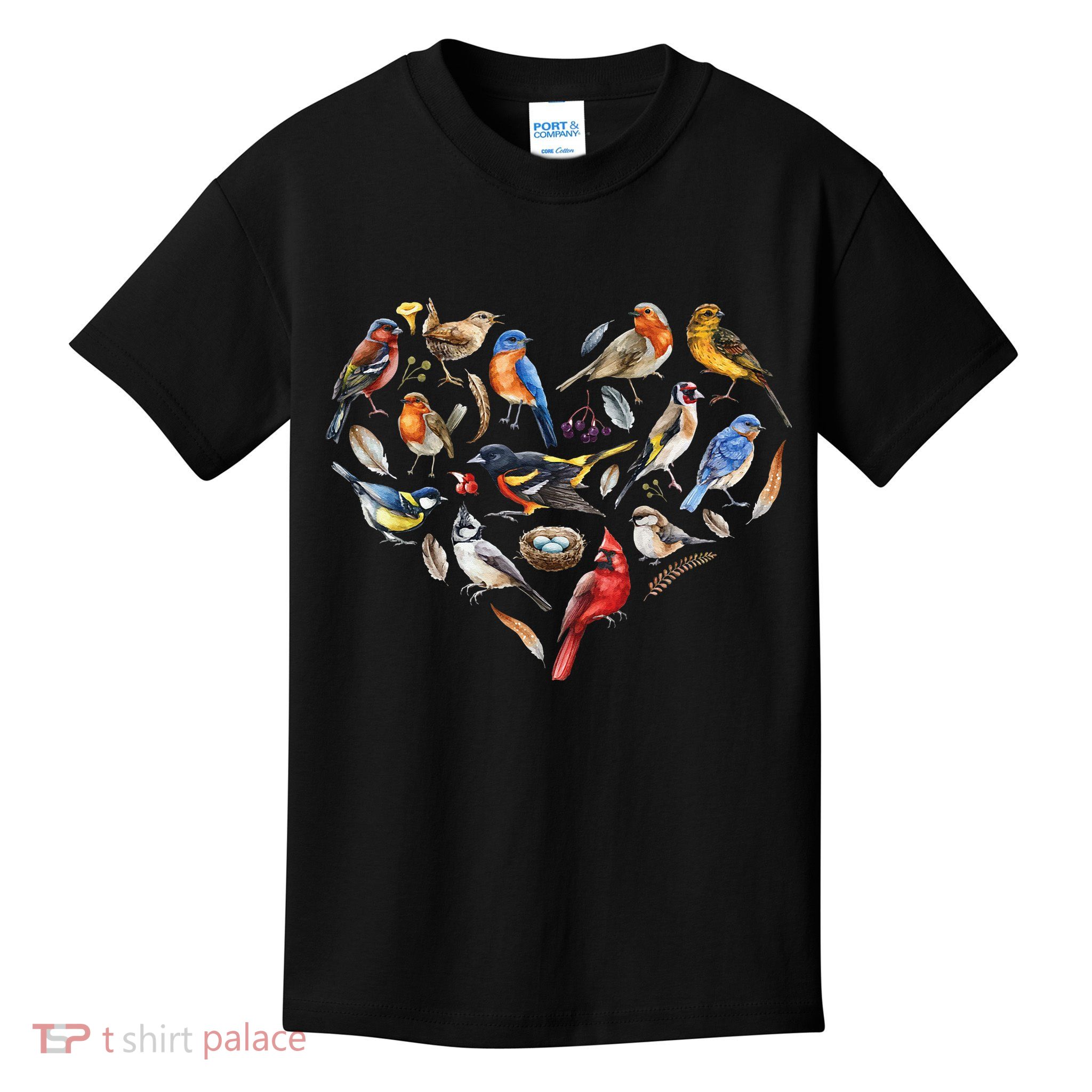 Forest Bird Heart Watching Cardinal Goldfinch Wren Chickadee Kids T-Shirt