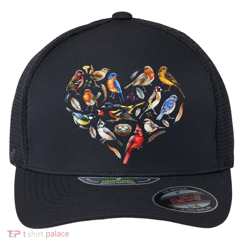 Forest Bird Heart Watching Cardinal Goldfinch Wren Chickadee Flexfit Unipanel Trucker Cap