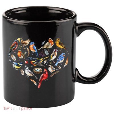 Forest Bird Heart Watching Cardinal Goldfinch Wren Chickadee 11oz C Handle Ceramic Mug