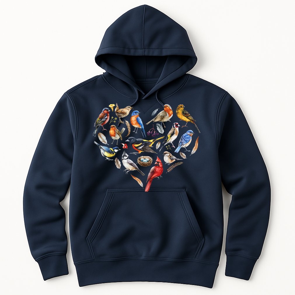 Forest Bird Heart Watching Cardinal Goldfinch Wren Chickadee Hoodie