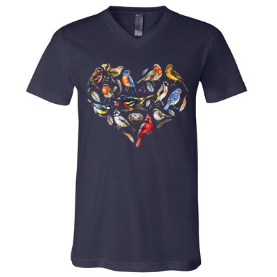 Forest Bird Heart Watching Cardinal Goldfinch Wren Chickadee V-Neck T-Shirt
