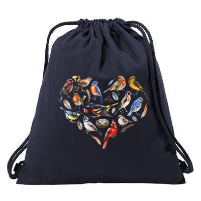 Forest Bird Heart Watching Cardinal Goldfinch Wren Chickadee Drawstring Bag