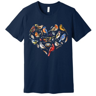 Forest Bird Heart Watching Cardinal Goldfinch Wren Chickadee Premium T-Shirt