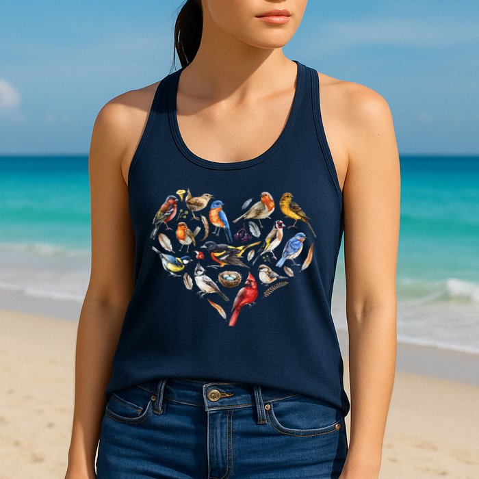 Forest Bird Heart Watching Cardinal Goldfinch Wren Chickadee Womens Tank Top