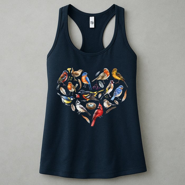 Forest Bird Heart Watching Cardinal Goldfinch Wren Chickadee Womens Tank Top