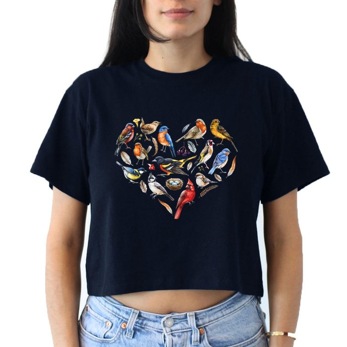 Forest Bird Heart Watching Cardinal Goldfinch Wren Chickadee Crop Top