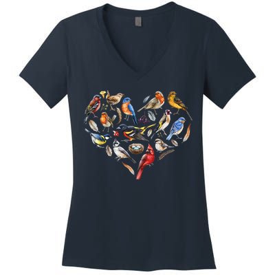 Forest Bird Heart Watching Cardinal Goldfinch Wren Chickadee Women's V-Neck T-Shirt