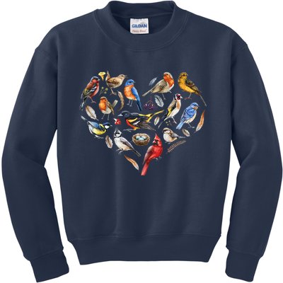 Forest Bird Heart Watching Cardinal Goldfinch Wren Chickadee Kids Sweatshirt