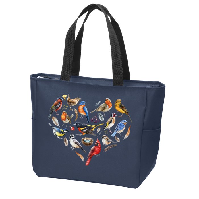 Forest Bird Heart Watching Cardinal Goldfinch Wren Chickadee Zip Tote Bag