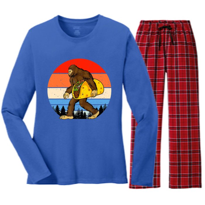 Funny Bigfoot Holding A Taco Gift Funny Taco Gift Women's Long Sleeve Flannel Pajama Set 