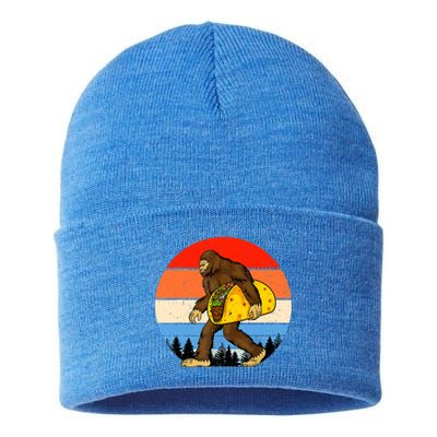 Funny Bigfoot Holding A Taco Gift Funny Taco Gift Sustainable Knit Beanie