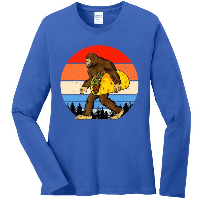 Funny Bigfoot Holding A Taco Gift Funny Taco Gift Ladies Long Sleeve Shirt