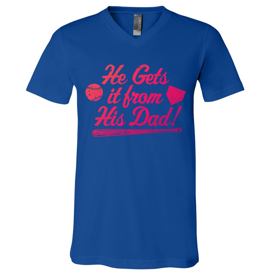 Funny Baseball He Gets It From His Dad Baseball Family Funny Gift V-Neck T-Shirt