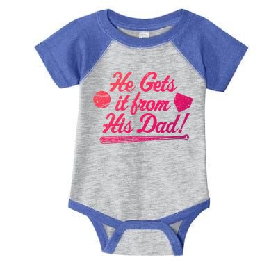 Funny Baseball He Gets It From His Dad Baseball Family Funny Gift Infant Baby Jersey Bodysuit