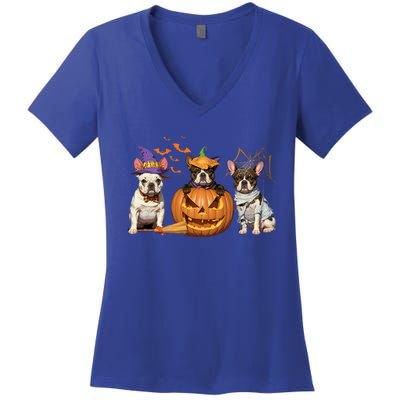 French Bulldog Halloween Witch Mummy Pumpkin Funny Dog Lover Meaningful Gift Women's V-Neck T-Shirt