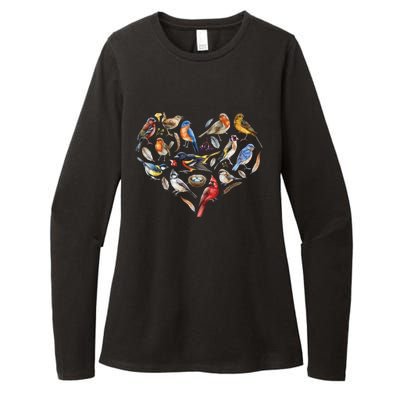 Forest Bird Heart Watching Cardinal Goldfinch Wren Chickadee Womens CVC Long Sleeve Shirt