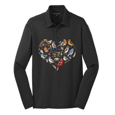 Forest Bird Heart Watching Cardinal Goldfinch Wren Chickadee Silk Touch Performance Long Sleeve Polo