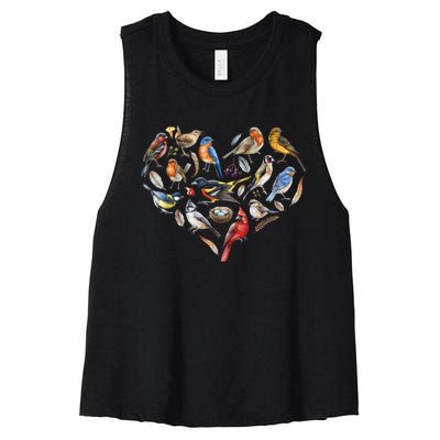 Forest Bird Heart Watching Cardinal Goldfinch Wren Chickadee Women's Racerback Cropped Tank