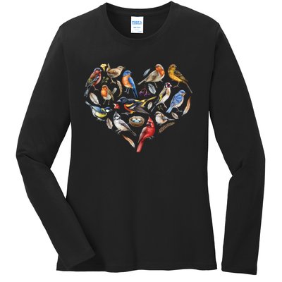 Forest Bird Heart Watching Cardinal Goldfinch Wren Chickadee Ladies Long Sleeve Shirt